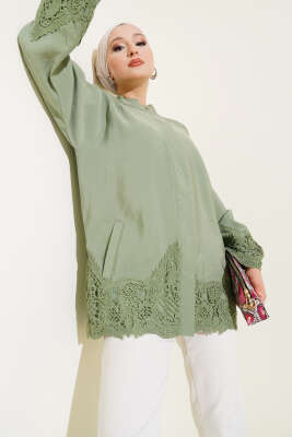 Pazarium - Dantel Detaylı Gizli Düğmeli Gömlek Çağla Yeşili