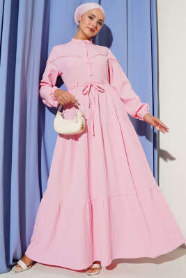 Pazarium - Bel Tünelli Düğmeli Ağaç Kabuğu Elbise Pembe