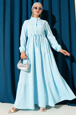 Pazarium - Bel Tünelli Düğmeli Ağaç Kabuğu Elbise Bebe Mavi