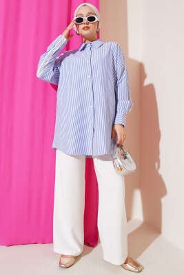 Dantel Detaylı Çizgili Gömlek Mavi - Thumbnail