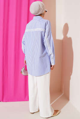 Dantel Detaylı Çizgili Gömlek Mavi - Thumbnail