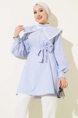 Pazarium - Denizci Yaka Dik Çizgili Tunik Mavi