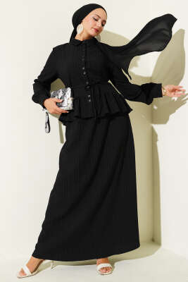 Pazarium - İp Kuşaklı Ağaç Kabuğu Etekli İkili Takım Siyah