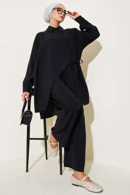 Pazarium - Asimetrik Kesim İp Bağlamalı İkili Takım Siyah