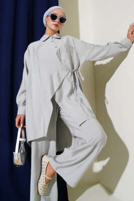 Pazarium - Asimetrik Kesim İp Bağlamalı İkili Takım Gri