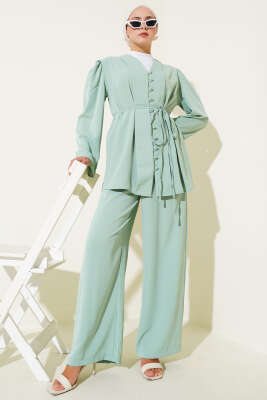Pazarium - Brit Düğmeli İp Kuşaklı Tunik İkili Takım Mint Yeşili