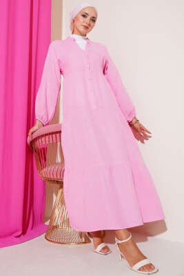 Pazarium - Hakim Yaka Düğmeli Müslin Elbise Pembe