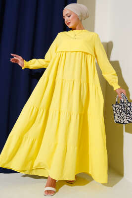 Pazarium - Katlı Model Elbise Sarı