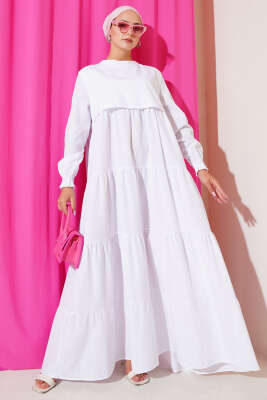 Pazarium - Katlı Model Elbise Beyaz