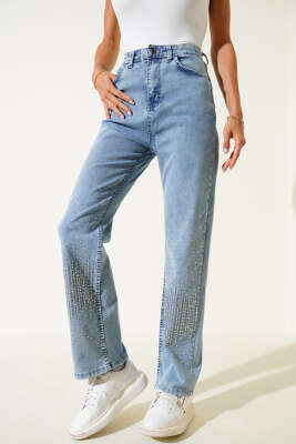 Pazarium - Sıra Taşlı Bol Paça Kot Pantolon Kar Yıkama