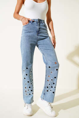 Pazarium - Kuş Gözü Taşlı Kot Pantolon Kar Yıkama