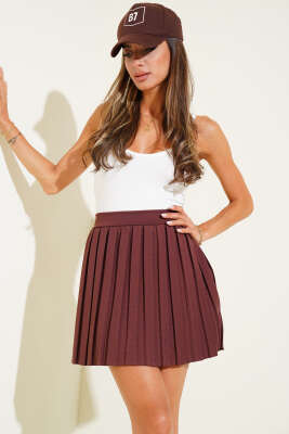 Pazarium - Bel Lastikli Pileli Mini Şort Etek Kahve