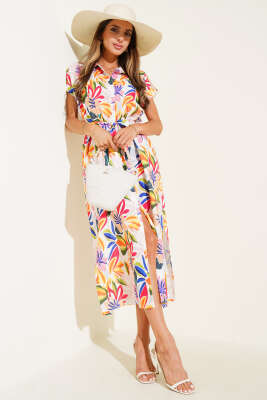 Düğmeli Desenli Midi Elbise Sarı - Thumbnail