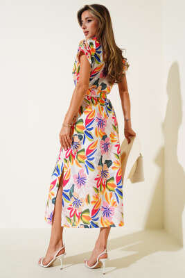 Düğmeli Desenli Midi Elbise Sarı - Thumbnail