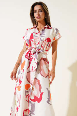 Düğmeli Desenli Midi Elbise Pudra - Thumbnail