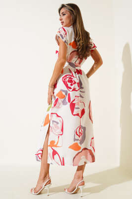 Düğmeli Desenli Midi Elbise Pudra - Thumbnail