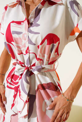 Düğmeli Desenli Midi Elbise Pudra - Thumbnail