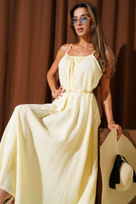Pazarium - İp Askılı Salaş Müslin Elbise Sarı