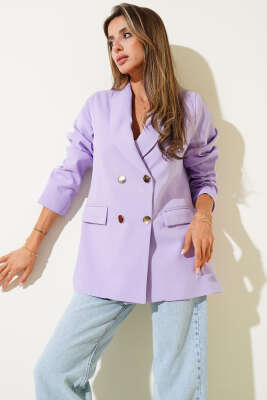 Pazarium - Kruvaze Yaka Dört Düğmeli Blazer Ceket Lila