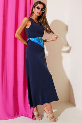 Loyşa Yanları Yırtmaçlı Elbise Lacivert - Thumbnail