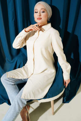 Pazarium - Gizli Düğmeli Klasik Gömlek Krem