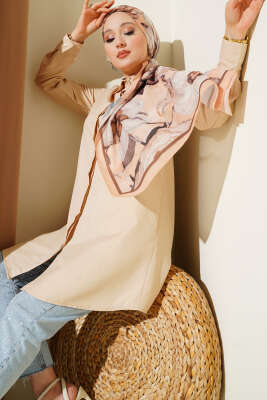 Pazarium - Gizli Düğmeli Klasik Gömlek Bej