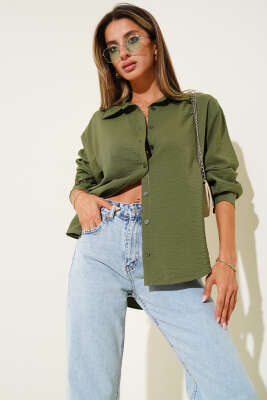 Pazarium - Düşük Omuz Basic Gömlek Haki