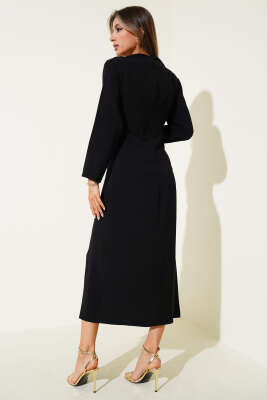 Pile Detaylı Gold Tokalı Midi Elbise Siyah - Thumbnail