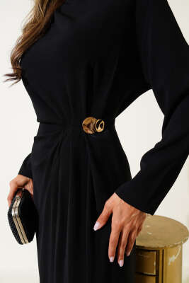 Pile Detaylı Gold Tokalı Midi Elbise Siyah - Thumbnail