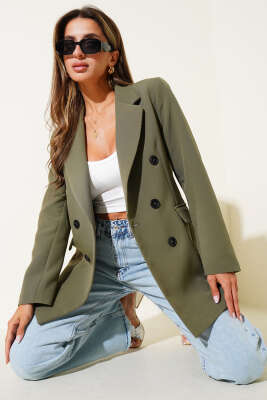 Pazarium - Kruvaze Yaka Düğmeli Astarlı Blazer Ceket Haki