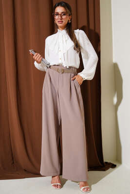 Yaka Bağlamalı Piliseli Kısa Gömlek Ekru - Thumbnail