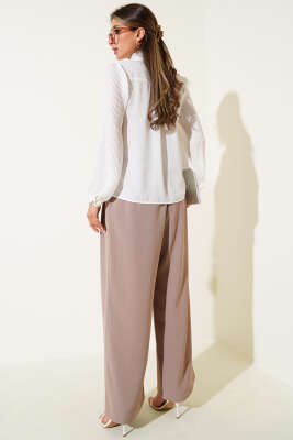 Yaka Bağlamalı Piliseli Kısa Gömlek Ekru - Thumbnail