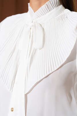 Yaka Bağlamalı Piliseli Kısa Gömlek Ekru - Thumbnail