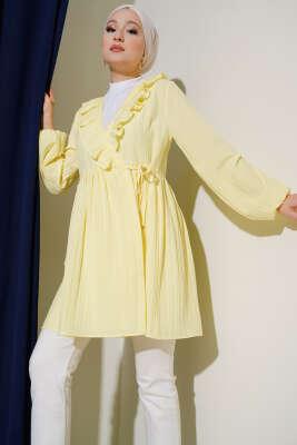 Yaka Fırfırlı Kabartma Çizgili Kimono Sarı - Thumbnail