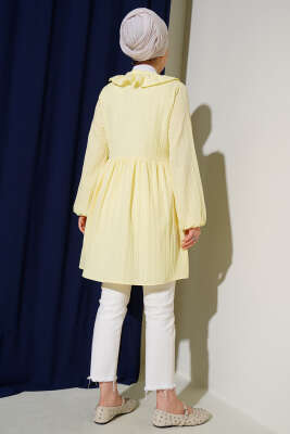 Yaka Fırfırlı Kabartma Çizgili Kimono Sarı - Thumbnail