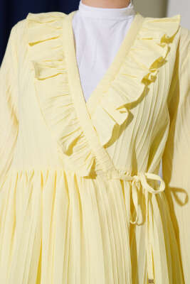 Yaka Fırfırlı Kabartma Çizgili Kimono Sarı - Thumbnail