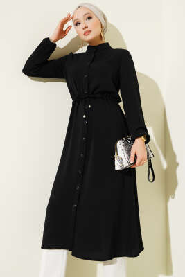 Pazarium - Bel Tünelli Düğmeli Ayrobin Kap Siyah