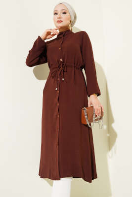 Pazarium - Bel Tünelli Düğmeli Ayrobin Kap Acı Kahve