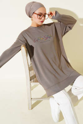 Pazarium - Loyşa Renkli Yazılı Tunik Vizon