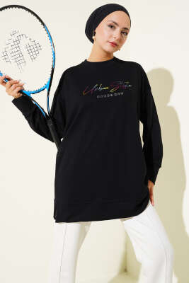 Pazarium - Loyşa Renkli Yazılı Tunik Siyah