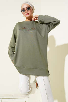 Pazarium - Loyşa Renkli Yazılı Tunik Haki