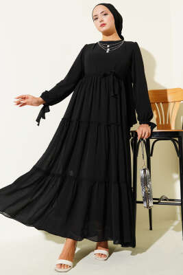 Pazarium - Bilek Bağlamalı Katlı Elbise Siyah