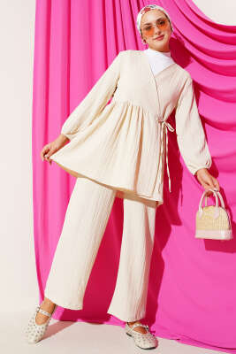 Pazarium - Yan İp Bağlamalı Ağaç Kabuğu İkili Takım Bej