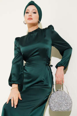 Yanları Çapraz İp Bağlamalı Saten Elbise Zümrüt - Thumbnail