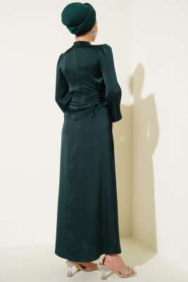 Yanları Çapraz İp Bağlamalı Saten Elbise Zümrüt - Thumbnail