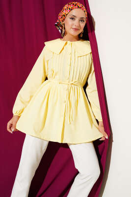 Pazarium - Önü Pileli Denizci Yaka Gömlek Sarı