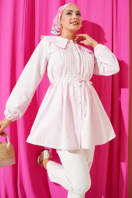 Pazarium - Önü Pileli Denizci Yaka Gömlek Pembe