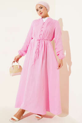 Pazarium - Pileli Düğme Detaylı Elbise Şeker Pembe