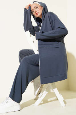 Pazarium - Loyşa Fermuarlı Kapüşonlu İkili Takım Füme