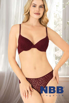 NBB Çiçek Dantelli Destekli Sütyen Takım Bordo - Thumbnail